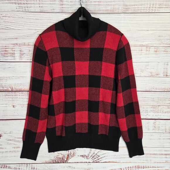 L.L.Bean Women's Buffalo Plaid Turtleneck Sweater S Red Black Cotton Cashmere - Picture 1 of 10